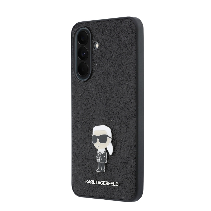Karl Lagerfeld Pevný kovový zadný kryt Ikonik s trblietkami pre Samsung Galaxy A37 Black