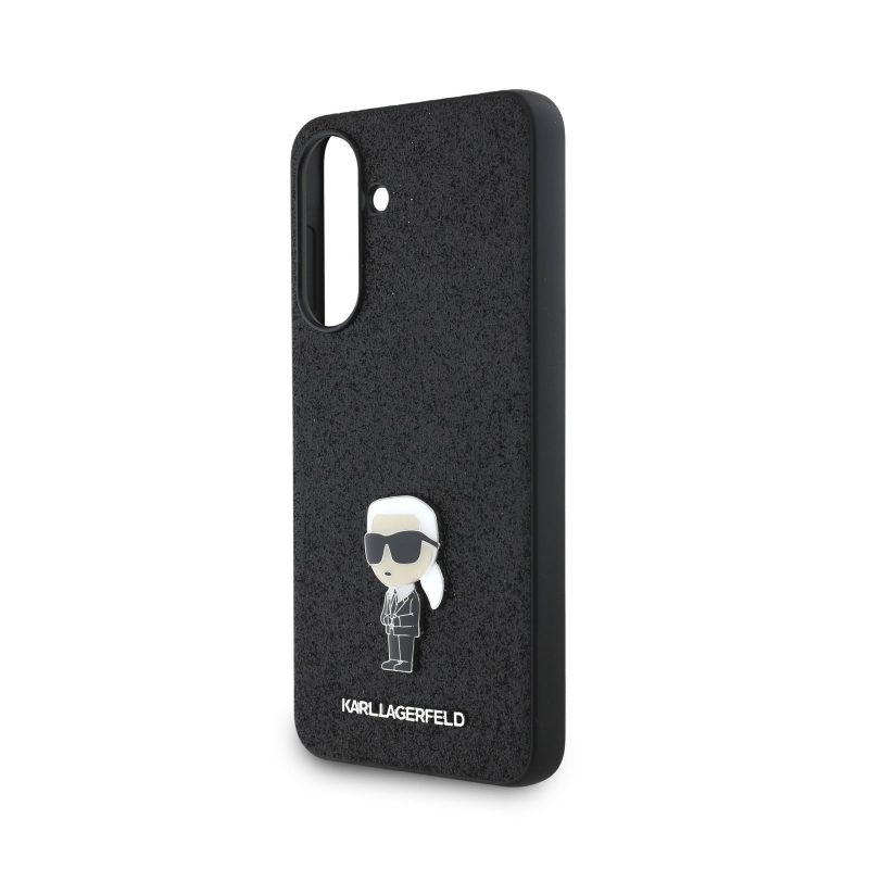 Karl Lagerfeld Pevný kovový zadný kryt Ikonik s trblietkami pre Samsung Galaxy A56 Black