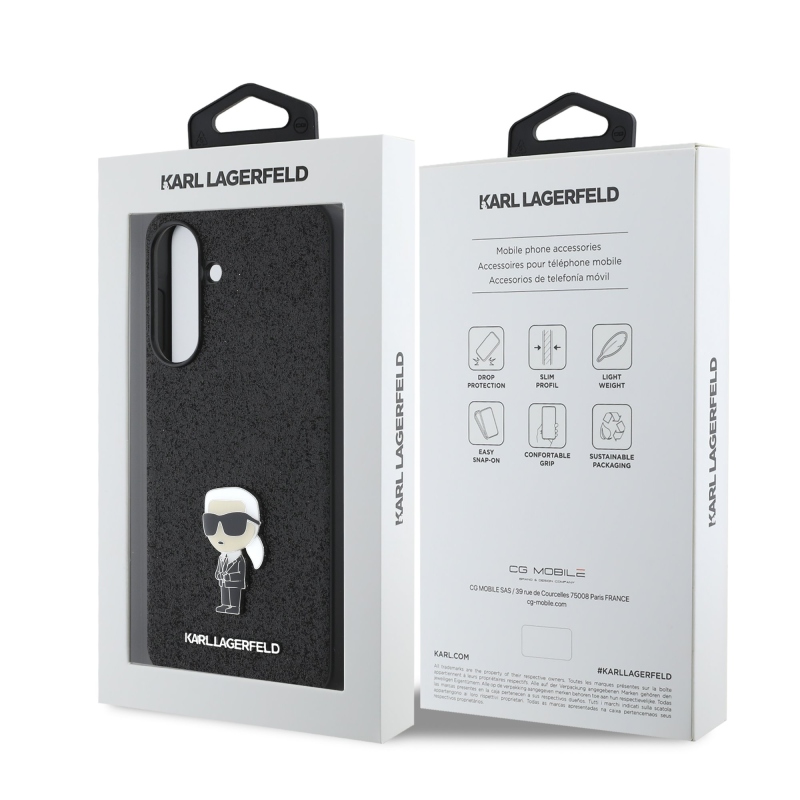 Karl Lagerfeld Pevný kovový zadný kryt Ikonik s trblietkami pre Samsung Galaxy A56 Black