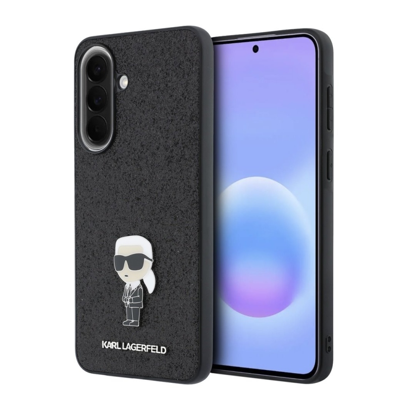 Karl Lagerfeld Pevný kovový zadný kryt Ikonik s trblietkami pre Samsung Galaxy A57 Black