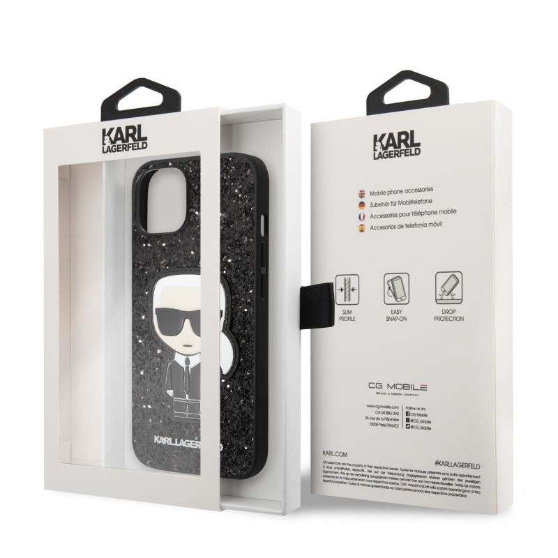 Karl Lagerfeld Glitter Flakes Ikonik zadný kryt pre iPhone 14 Plus čierny