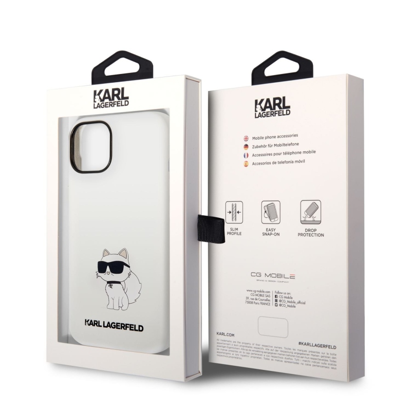 Karl Lagerfeld Liquid silikónový Choupette NFT zadný kryt pre iPhone 14 Plus biely