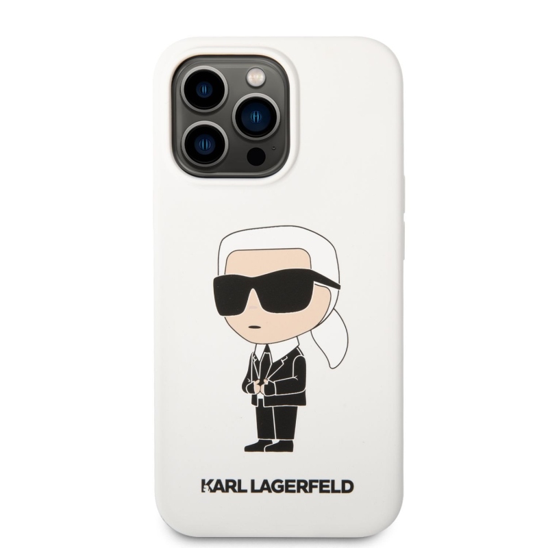 Karl Lagerfeld Liquid silikónový Ikonik NFT zadný kryt pre iPhone 13 Pro biely