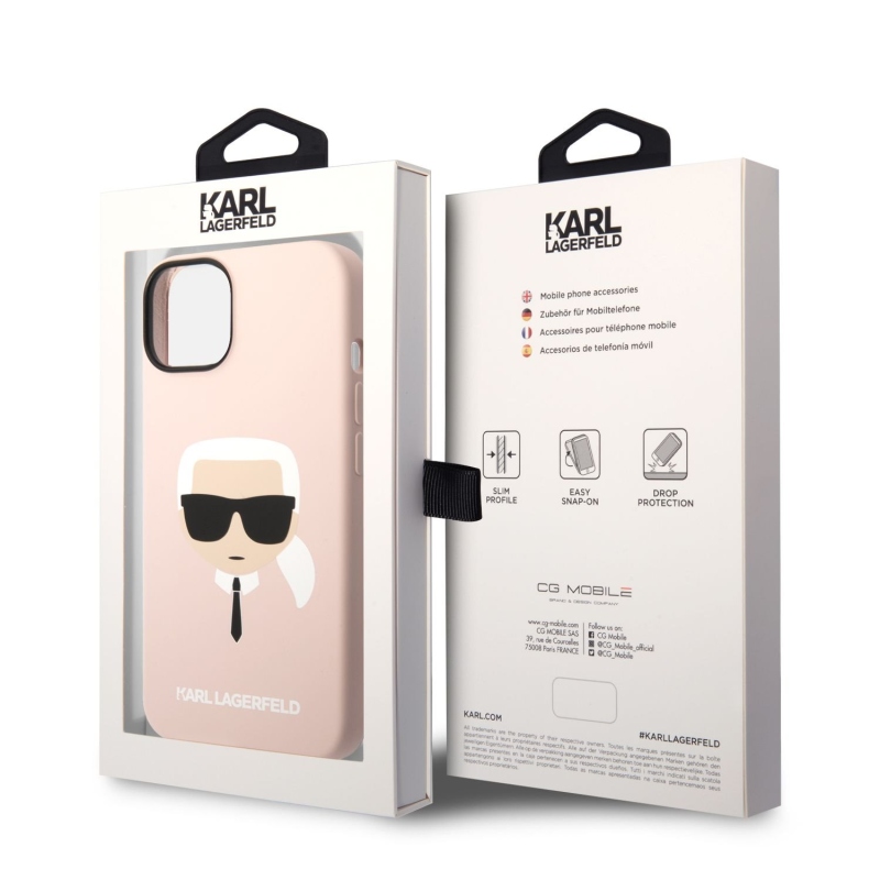 Karl Lagerfeld Liquid silikónový Karl Head zadný kryt pre iPhone 14 Plus ružový