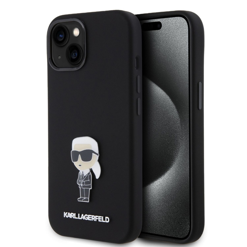 Karl Lagerfeld Liquid Silicone Metal Ikonik Zadný Kryt pre iPhone 15 Black