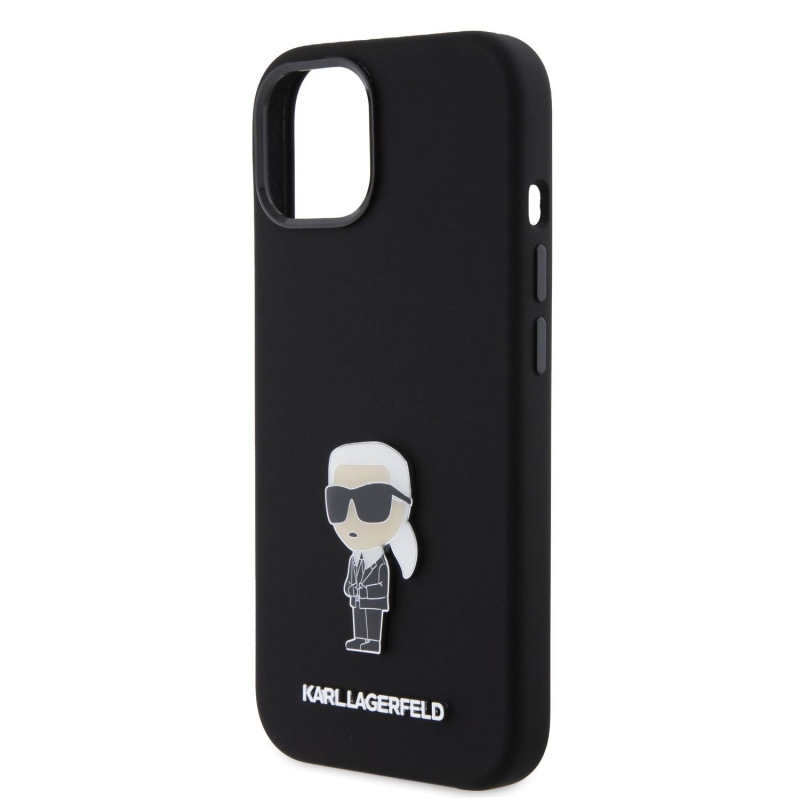 Karl Lagerfeld Liquid Silicone Metal Ikonik Zadný Kryt pre iPhone 15 Black