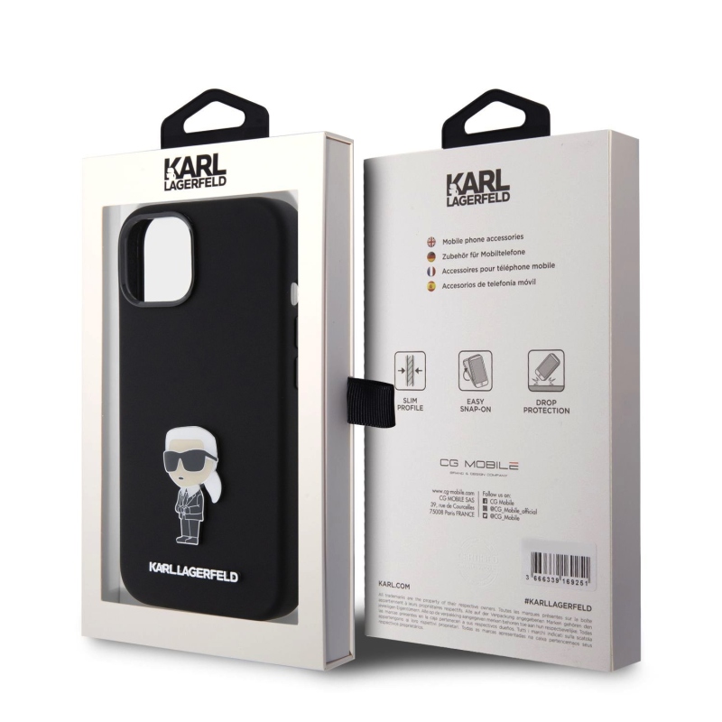 Karl Lagerfeld Liquid Silicone Metal Ikonik Zadný Kryt pre iPhone 15 Black