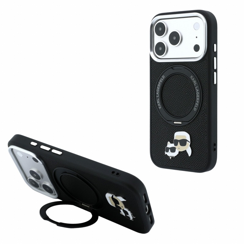 Karl Lagerfeld PU Grained K&CH Heads Ring Stand Magsafe zadný kryt pre iPhone 18 Pro Max, čierny
