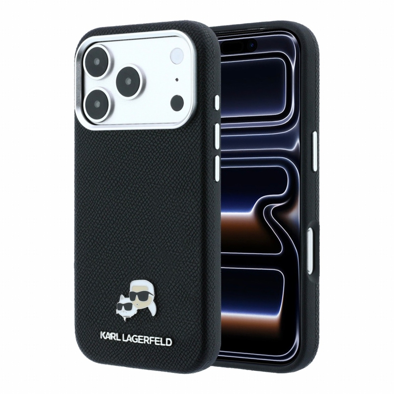 Karl Lagerfeld PU Grained Semi Wrap K&CH Heads Magsafe zadný kryt pre iPhone 18 Pro, čierny
