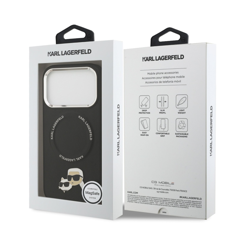 Karl Lagerfeld PU Karl and Choupette Heads Pins MagSafe Back Cover pre iPhone 17 Pro Black