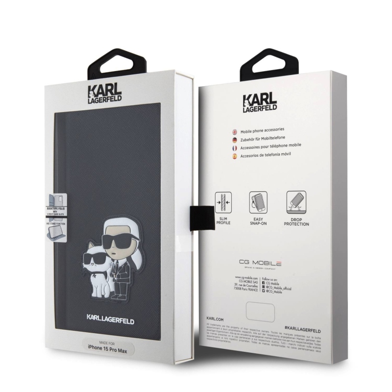 Karl Lagerfeld PU Saffiano Karl and Choupette NFT Book púzdro pre iPhone 15 Pro Max čierny