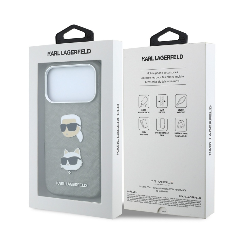 Karl Lagerfeld PU Semi Wrap Saffiano K&CH Heads Zadný kryt pre iPhone 18 Pro, sivý
