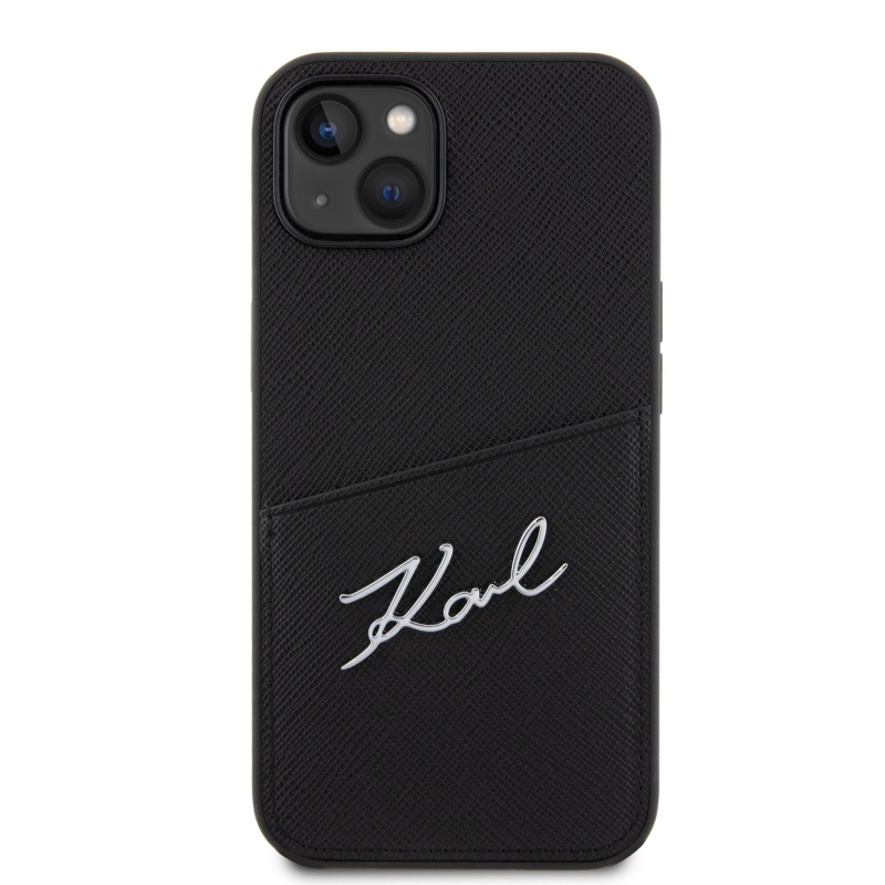 Karl Lagerfeld Saffiano Card Slot Metal Signature zadný kryt pre iPhone 14 čierny