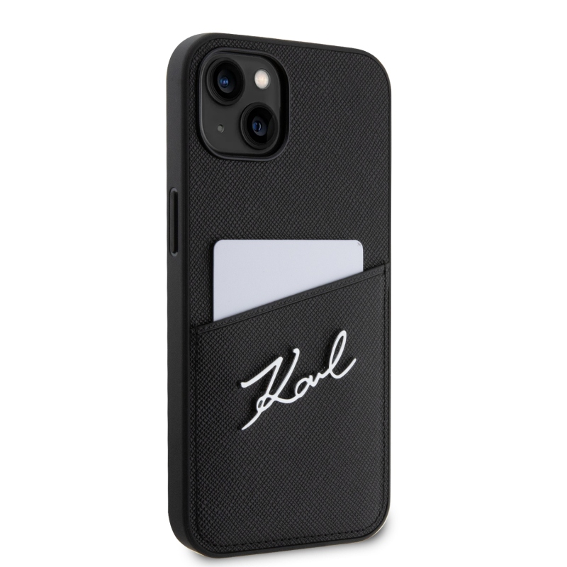 Karl Lagerfeld Saffiano Card Slot Metal Signature zadný kryt pre iPhone 14 čierny