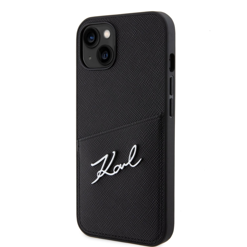 Karl Lagerfeld Saffiano Card Slot Metal Signature zadný kryt pre iPhone 14 čierny