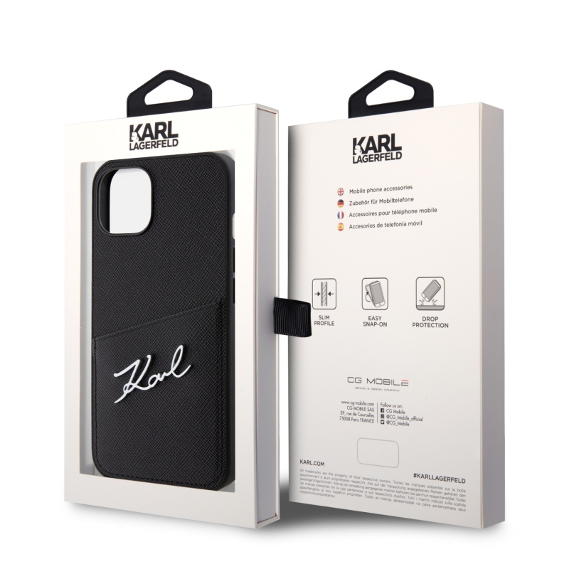 Karl Lagerfeld Saffiano Card Slot Metal Signature zadný kryt pre iPhone 14 čierny