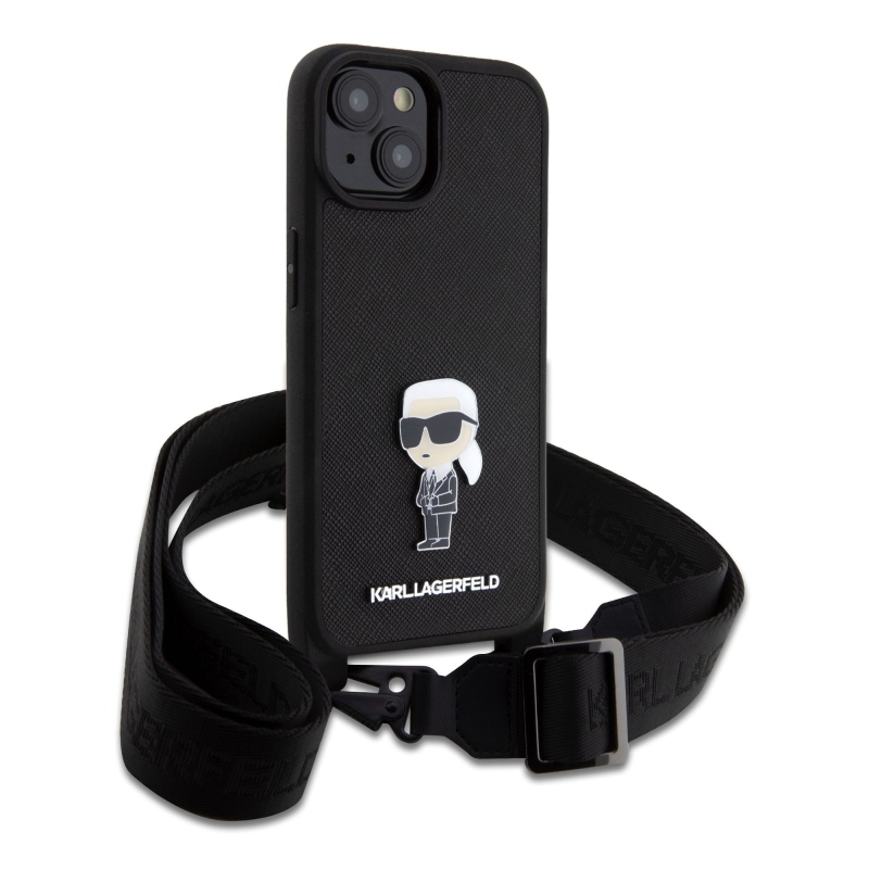 Karl Lagerfeld Saffiano Crossbody Metal Ikonik zadný kryt pre iPhone 15 čierny