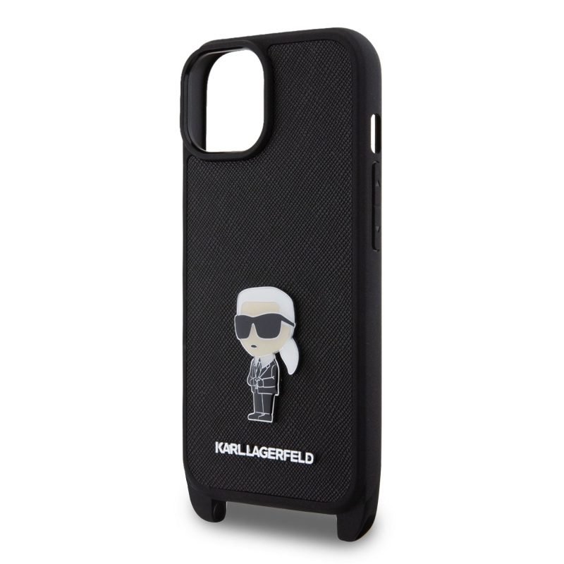 Karl Lagerfeld Saffiano Crossbody Metal Ikonik zadný kryt pre iPhone 15 Plus čierny