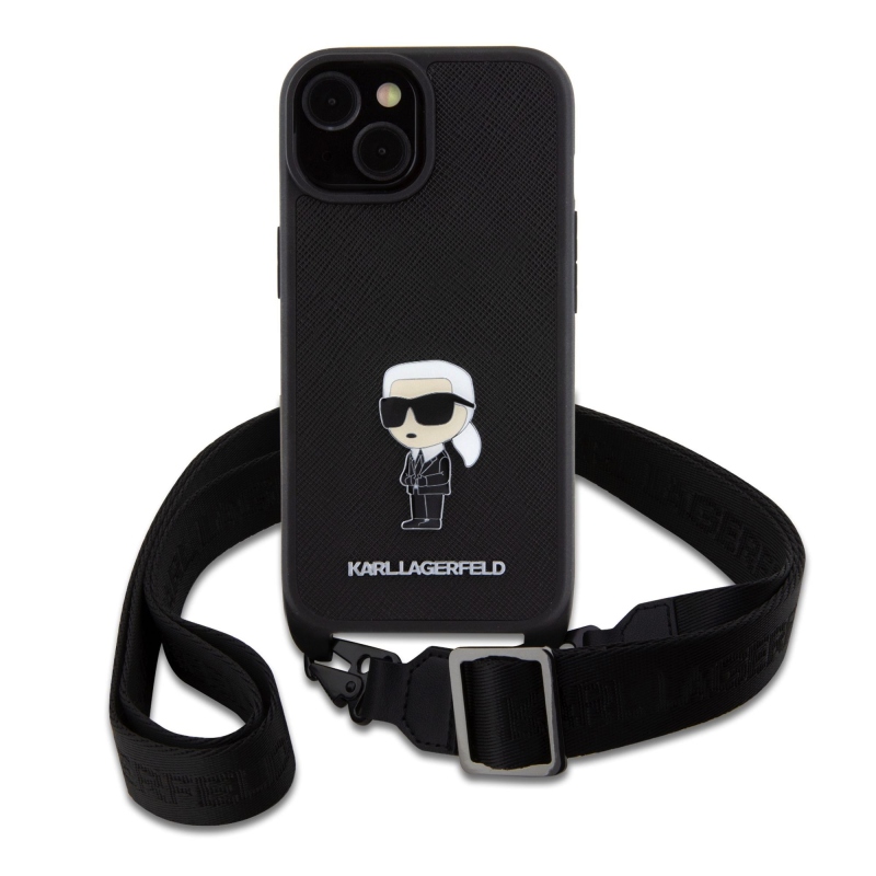Karl Lagerfeld Saffiano Crossbody Metal Ikonik zadný kryt pre iPhone 15 Plus čierny
