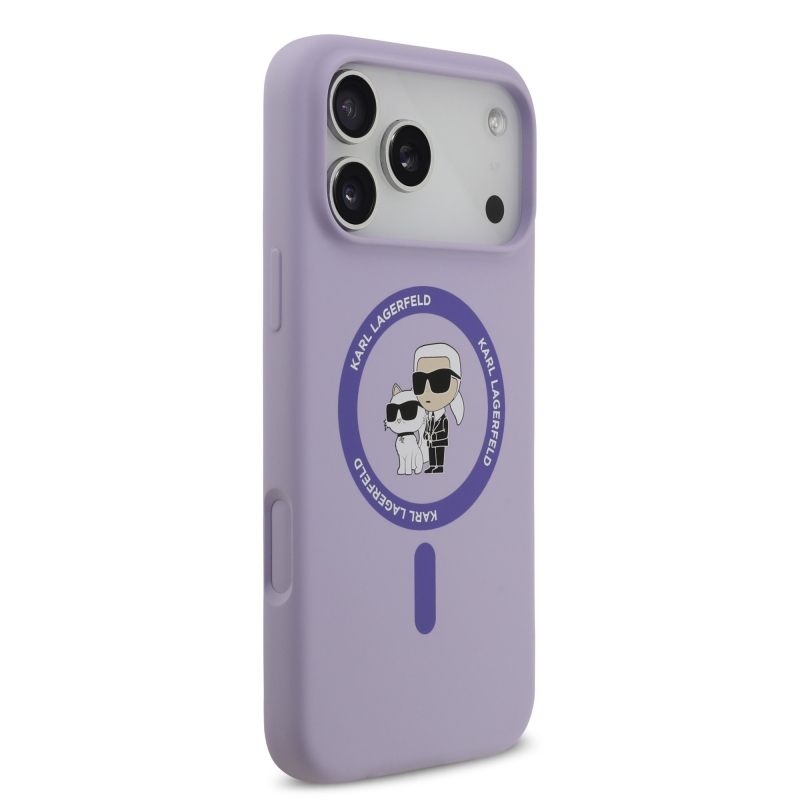 Tekutý silikónový kryt Karl Lagerfeld Karl and Choupette MagSafe Back Cover pre iPhone 17 Pro Max Purple