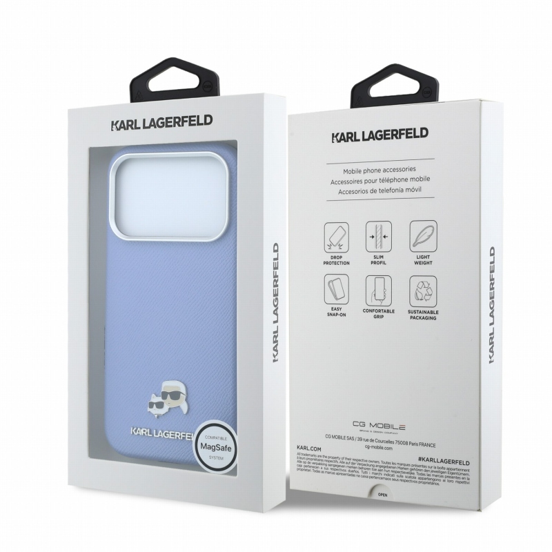 Karl Lagerfeld PU Grained Semi Wrap K&CH Heads Magsafe zadný kryt pre iPhone 18 Pro, modrý