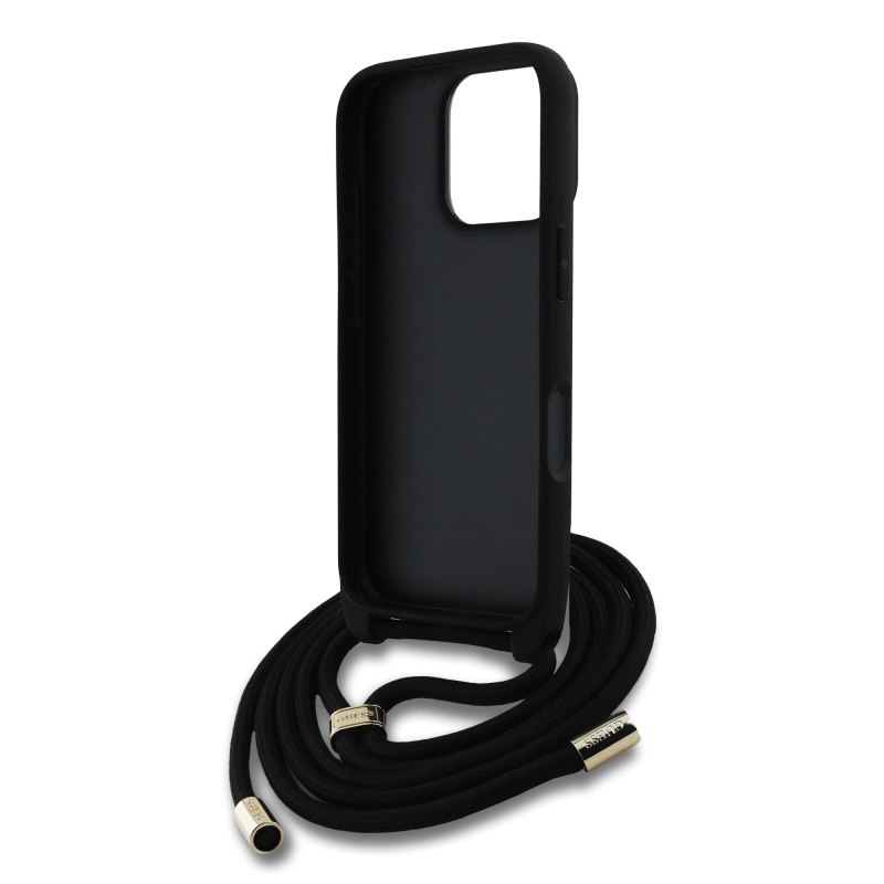 Guess PU 4G Kovové logo Crossbody Strap Zadný kryt pre iPhone 16 Pro Max Brown