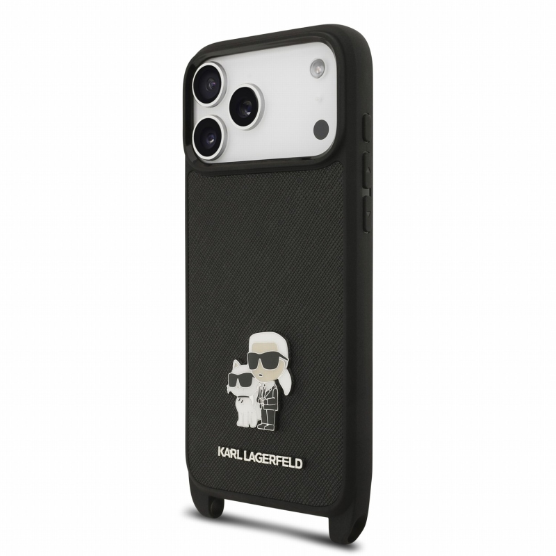 Karl Lagerfeld Saffiano Crossbody popruh Metal Karl a Choupette zadný kryt pre iPhone 18 Pro Max čierny