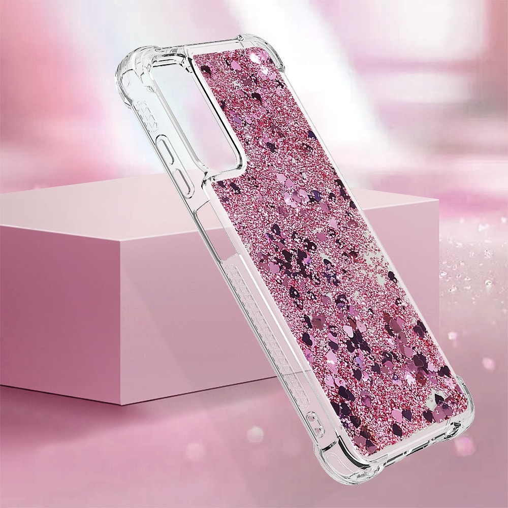 Glitter gélový presýpací obal na Samsung Galaxy A05s - ružovozlatý/srdiečka