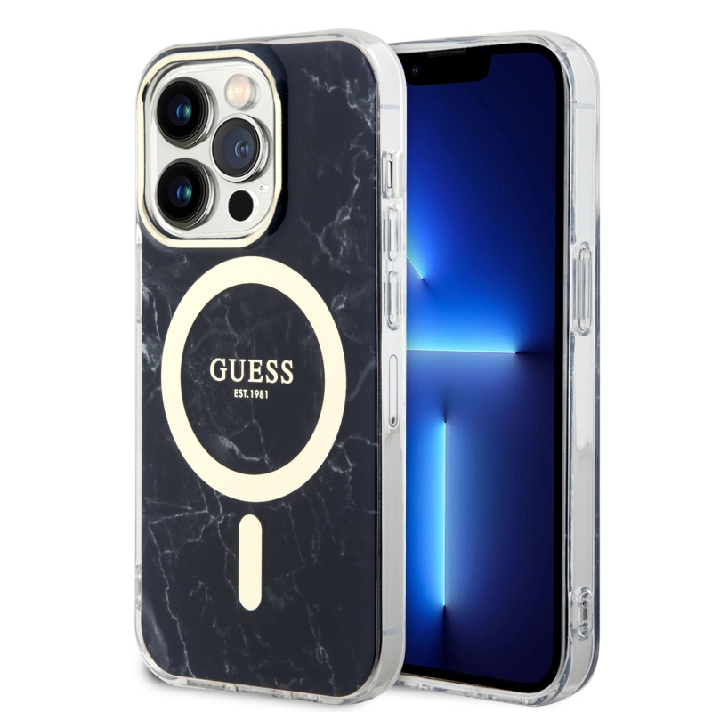 Guess IML Marble MagSafe Zadný Kryt pre iPhone 13 Pro Black