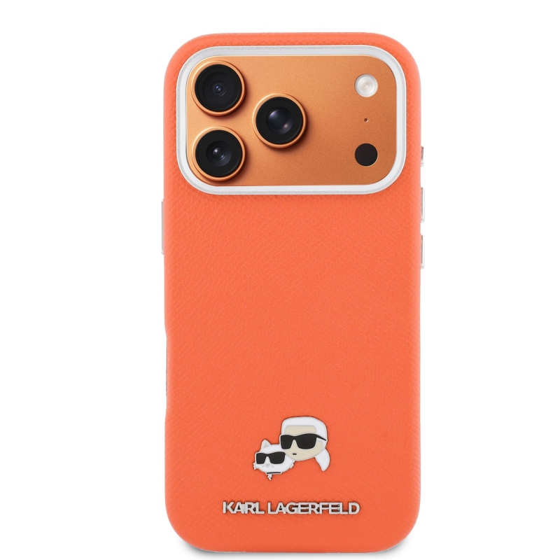 Karl Lagerfeld PU Karl and Choupette Heads Pins MagSafe Back Cover pre iPhone 17 Pro Orange