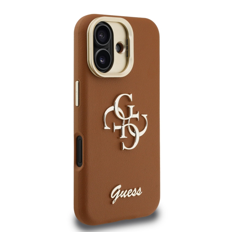 Guess PU Grained 4G Logo Stand Camera Frame Zadný Kryt pre iPhone 16 Brown