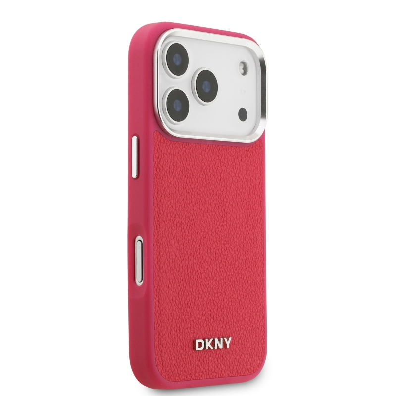 DKNY PU kožený kovový kryt s logom na zápästie MagSafe zadný kryt pre iPhone 17 Pro Pink