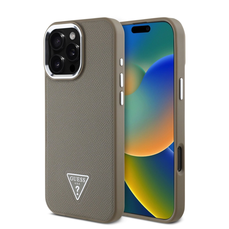 Guess PU Grained Triangle Logo Zadný Kryt pre iPhone 16 Pro Max Brown