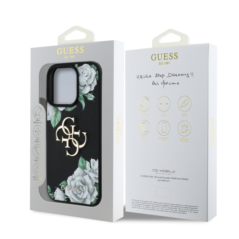 Guess PU Grained Roses 4G Metal Logo Zadný Kryt pre iPhone 16 Pro Black