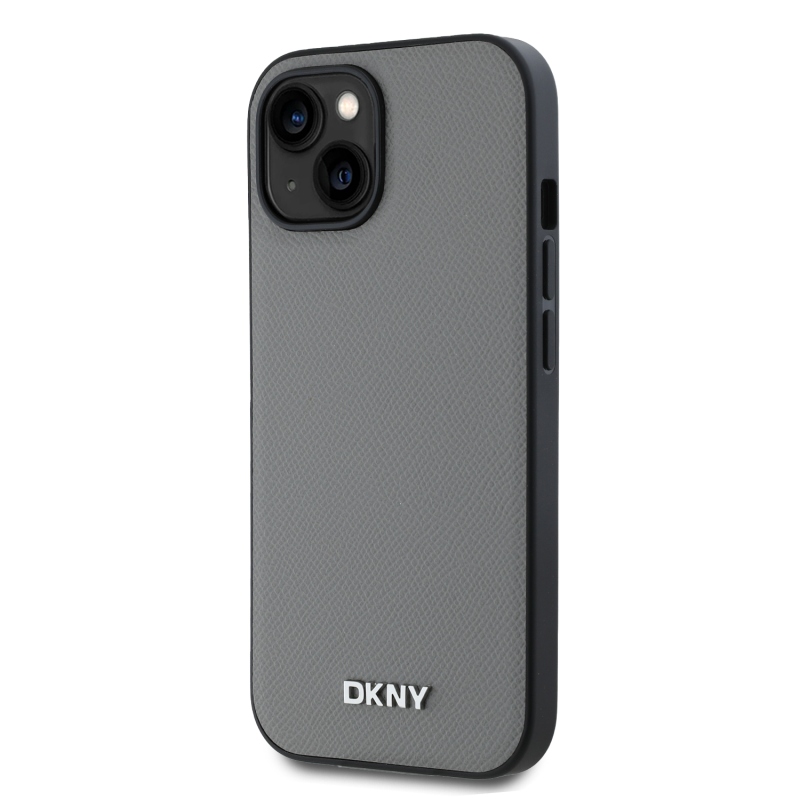 DKNY PU Leather Silver Metal Logo Magsafe Zadný Kryt pre iPhone 15 Grey