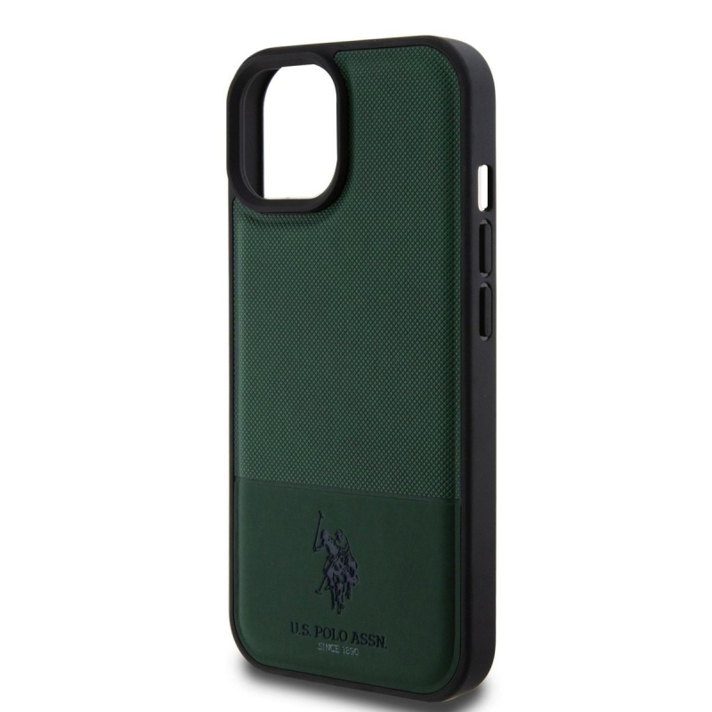 U.S. Polo PU Leather Mesh Pattern Double Horse Zadný Kryt pre iPhone 15 Green