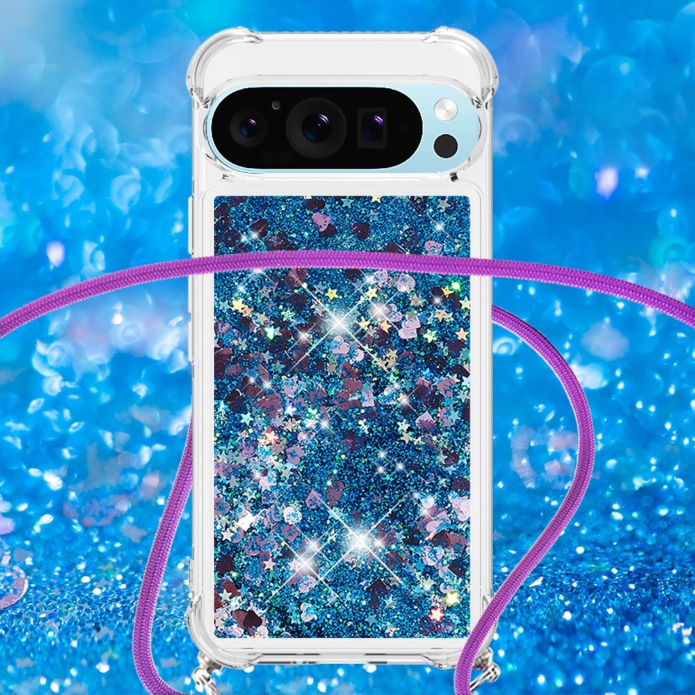 Glitters presýpací gélový obal so šnúrkou na Google Pixel 10 Pro/Pixel 10 - modrý/srdiečka