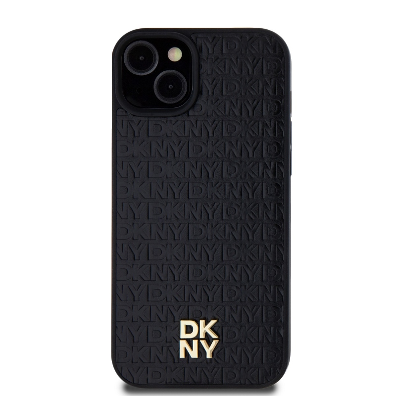 DKNY PU Leather Repeat Pattern Stack Logo Magsafe Zadný Kryt pre iPhone 13 Black