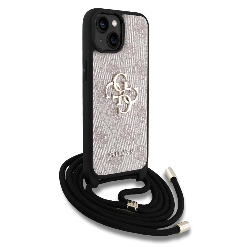 Guess PU 4G Metal Logo Crossbody Popruh Zadný Kryt pre iPhone 15 Pink