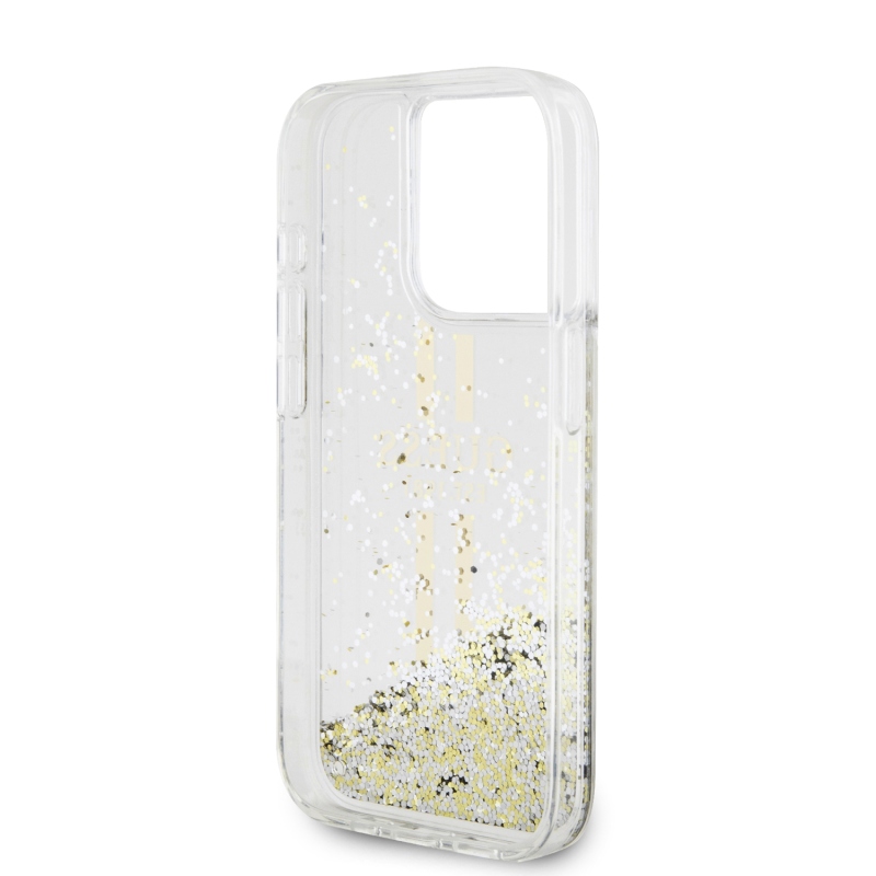 Guess PC/TPU Liquid Glitter Gold Stripe Zadný Kryt pre iPhone 15 Pro Max Transparent