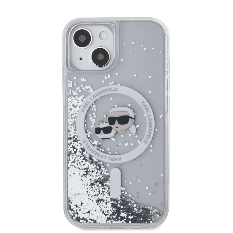 Karl Lagerfeld Liquid Glitter Karl a Choupette Heads MagSafe Zadný Kryt pre iPhone 15 Transparent