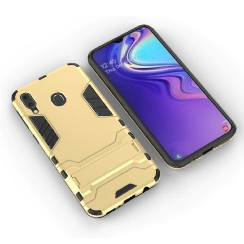 Kickstand hybridný odolný obal na mobil Samsung Galaxy M20 - zlatý