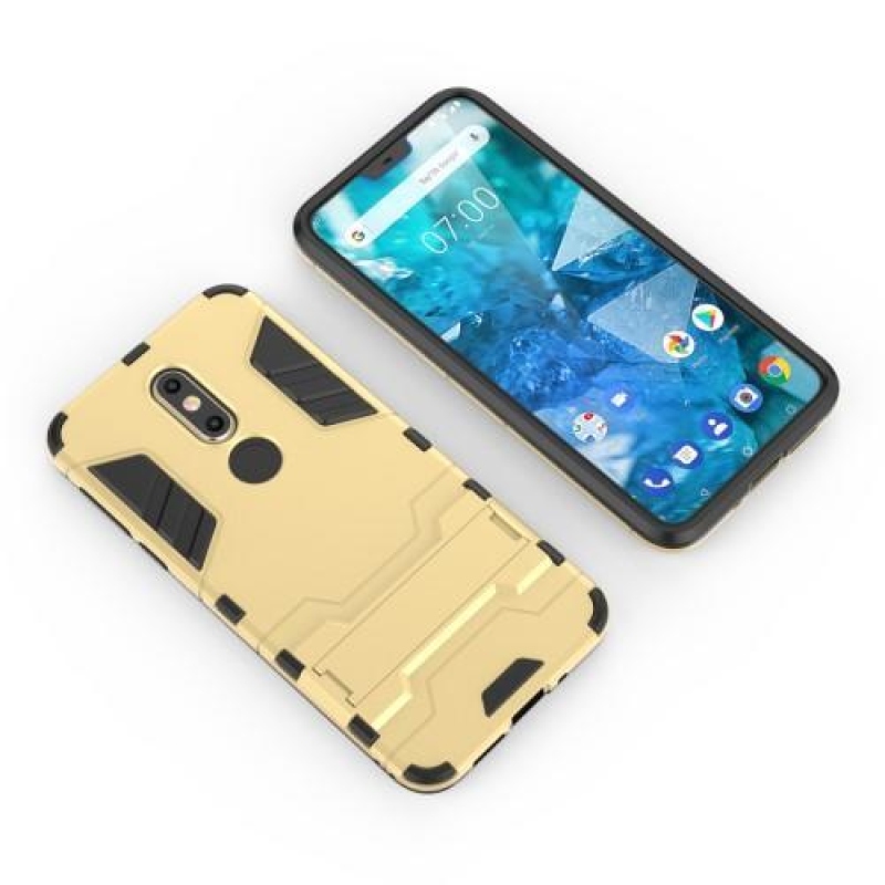 Kickstand odolný hybridný obal na mobil Nokia 7.1 - zlatý