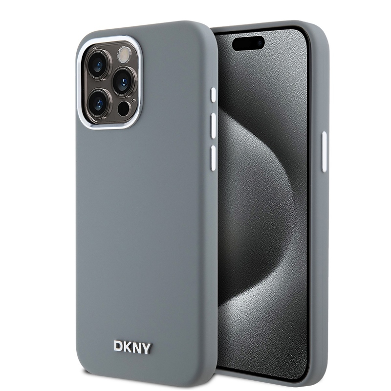 DKNY Liquid Silicone Silver Metal Logo Magsafe Zadný Kryt pre iPhone 15 Pro Max Grey