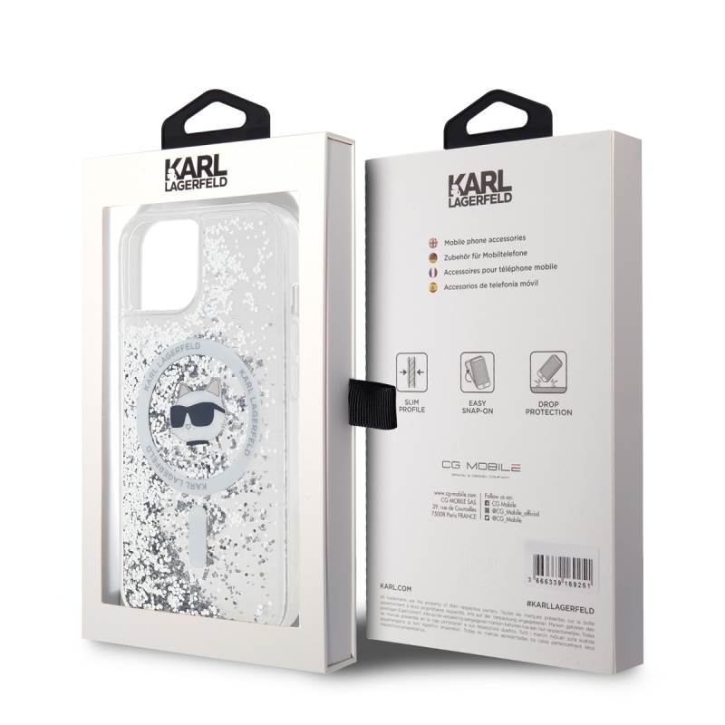 Karl Lagerfeld Liquid Glitter Chúpette Head Magsafe Zadný Kryt pre iPhone 15 Transparent