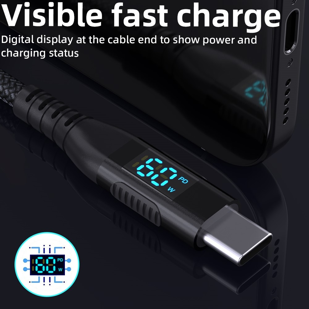Nylonový kábel USB-C / USB-C s displejom 3m 60W - čierny