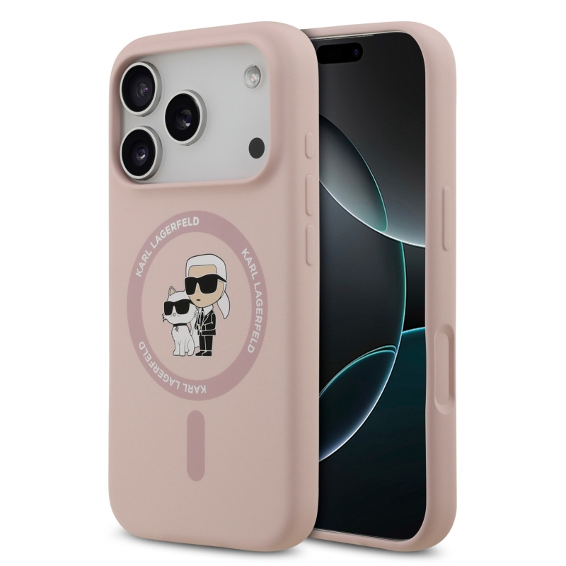 Karl Lagerfeld – zadný kryt z tekutého silikónu s motívom Karla a Choupette s MagSafe pre iPhone 18 Pro, ružový