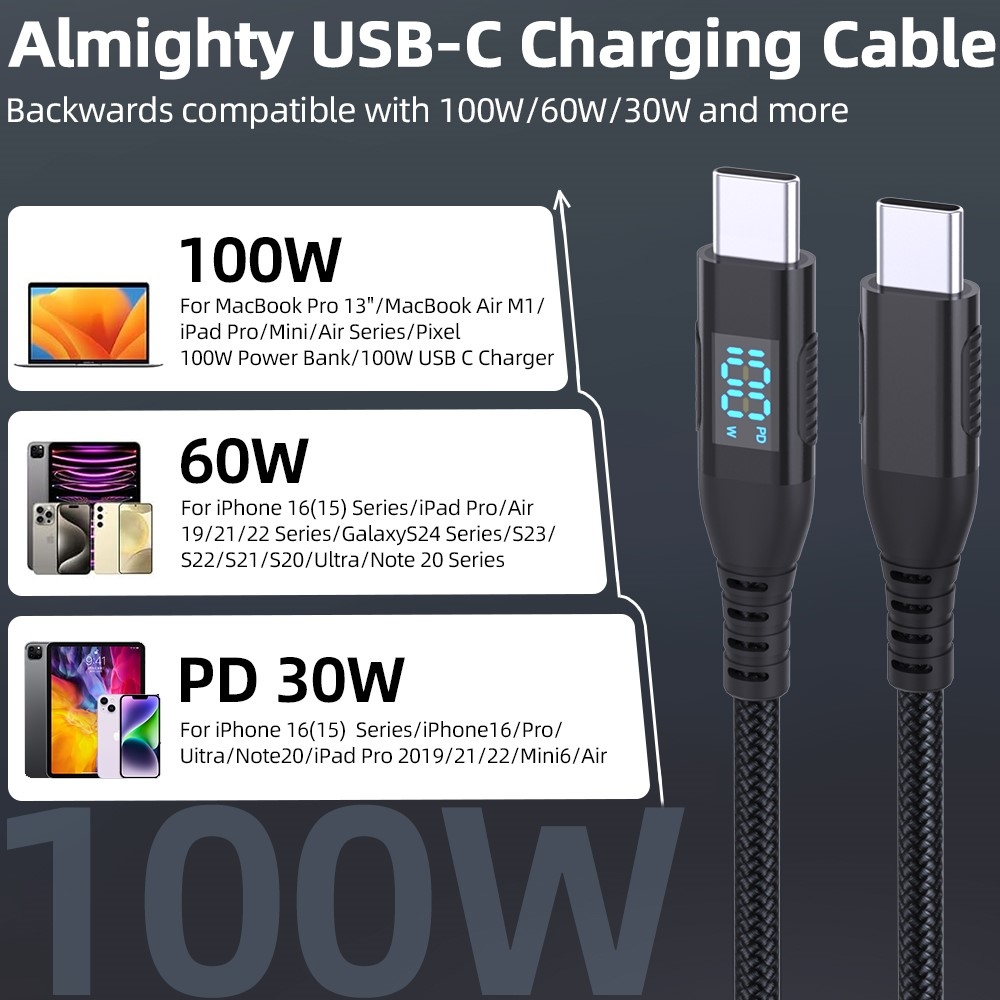 Nylonový kábel USB-C / USB-C s displejom 1m 100W - čierny