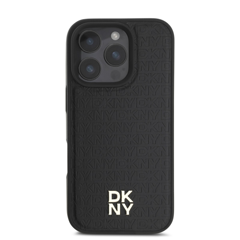 DKNY PU Leather Repeat Pattern Stack Logo MagSafe Zadný Kryt pre iPhone 16 Pro Black
