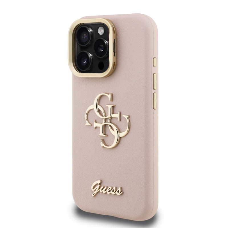 Guess PU Grained 4G Logo Stand Camera Frame Zadný Kryt pre iPhone 15 Pro Pink